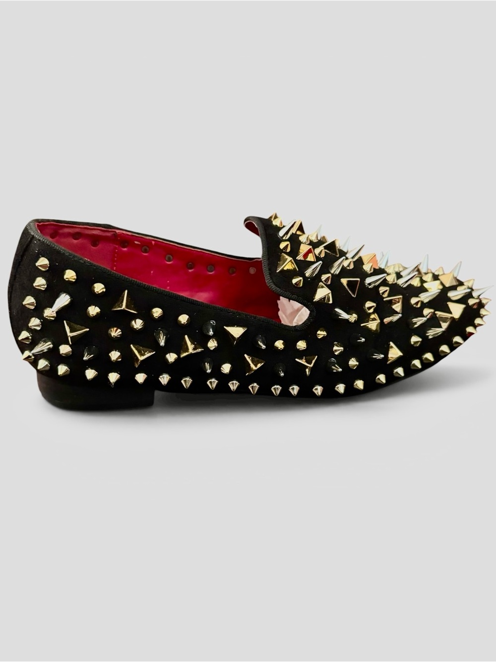 Azalea Wang Holt Black Gold/Silver Spiked/Studded Suede Loafers - Picture 7 of 11